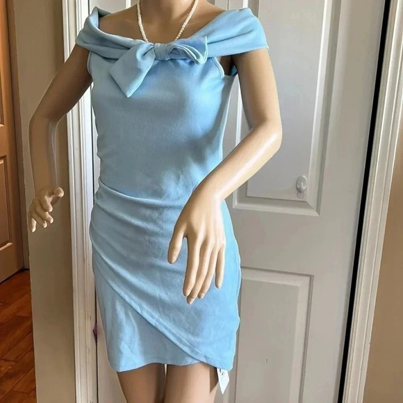 Faux wrap dress,Nwt,off shoulder,cowl,bow, fitted dress, feminine,romantic - Picture 2 of 13